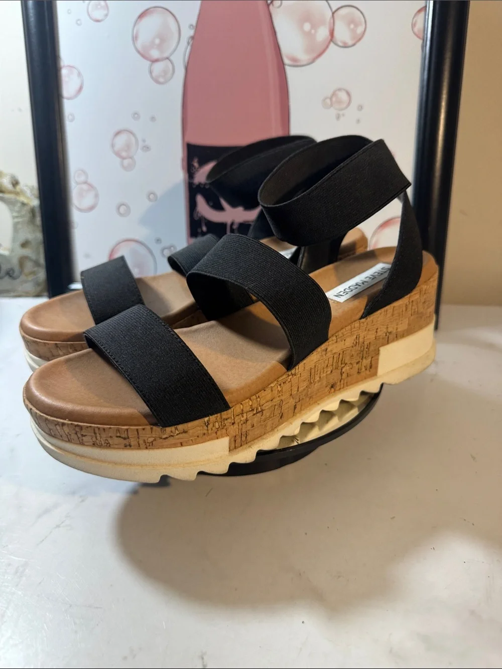Steve Madden Women’s Bandi Black Elastic Cork Platform Sandals - Size 7M